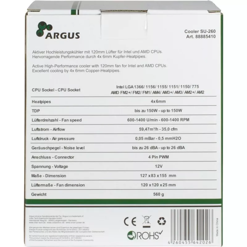Inter-Tech Argus SU-260 procesoriaus aušintuvas, 12 cm, juodas