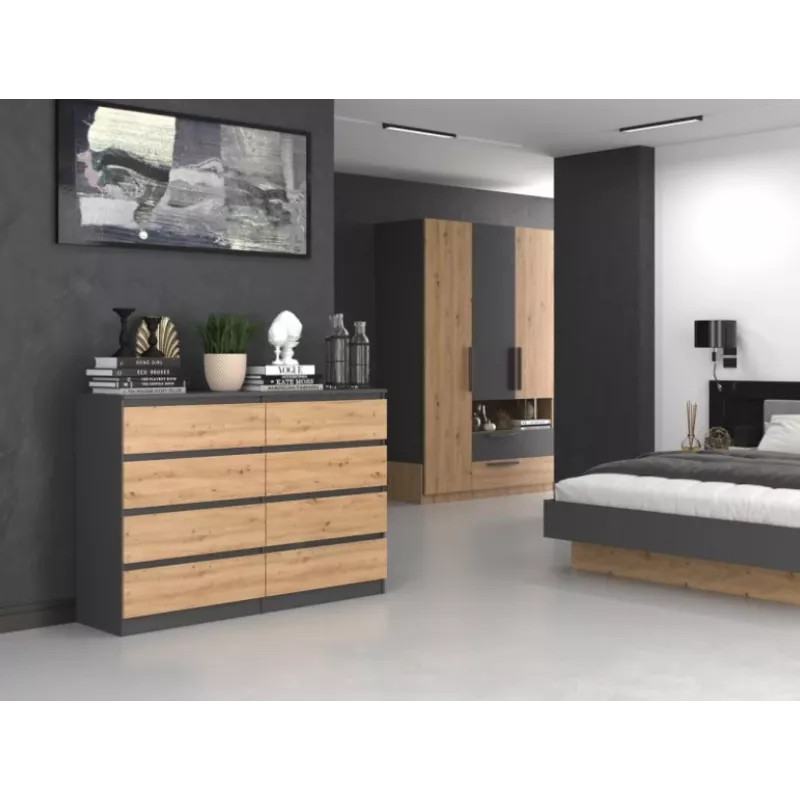 Komoda Top e shop M8 140 ANT/ART su 8 stalčiais, Antracitas/Ąžuolas, 1380×400×970 mm