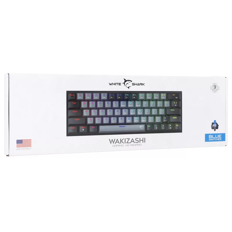 Mechaninė žaidimų klaviatūra White Shark Wakizashi GK-002721V2 – pilkai juodas rėmas, US išdėstymas, mėlyni jungikliai
