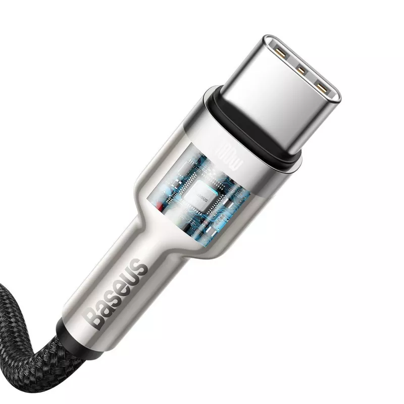USB-C į USB-C laidas Baseus Cafule Metal — 2 m, 100W įkrovimas, USB 2.0 (480 Mbps), cinkuoti kontaktai, juoda