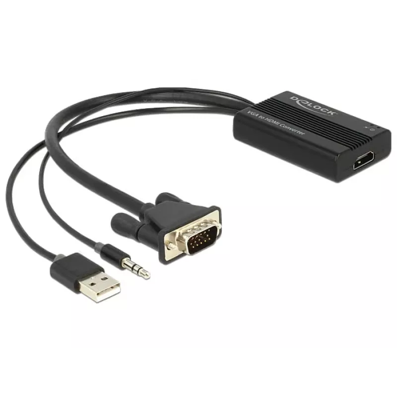 Vaizdo kabelio adapteris DeLOCK 62597 0,25 m HDMI Type A – VGA D-Sub + 3,5 mm garsas + USB Type-A, juodas