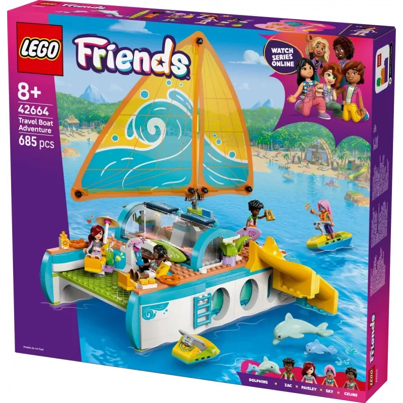 LEGO Friends kelionių laivo nuotykių rinkinys 42664 – 685 detalės, 4 mini lėlytės, nuo 8 metų, 260×190×320 mm