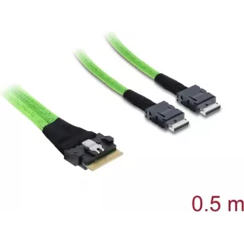 Vidinis PCIe 4.0 kabelis DELOCK Slim SAS SFF-8654 8i į 2× OCuLink SFF-8611 4i 0,5 m