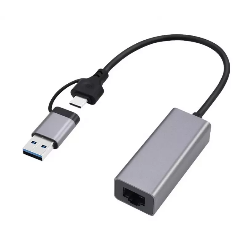 USB 3.1 Type-C Gigabit tinklo adapteris Gembird A-USB3AC-LAN-01 – 1× RJ-45, 1000 Mbps, USB 3.2 Gen 1, metalinis korpusas, pilka