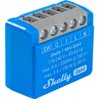 Išmanusis relės modulis Shelly 1 Mini Gen4, 1P 8A, Wi‑Fi/Matter/Zigbee/Bluetooth, 110–240 V, kompaktiškas (2 vnt.)