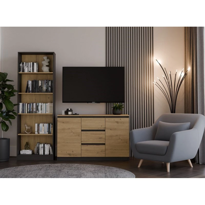 Komoda Topeshop 2D3S ANT/ART BA KPL – antracitas ir ąžuolas, 3 stalčiai