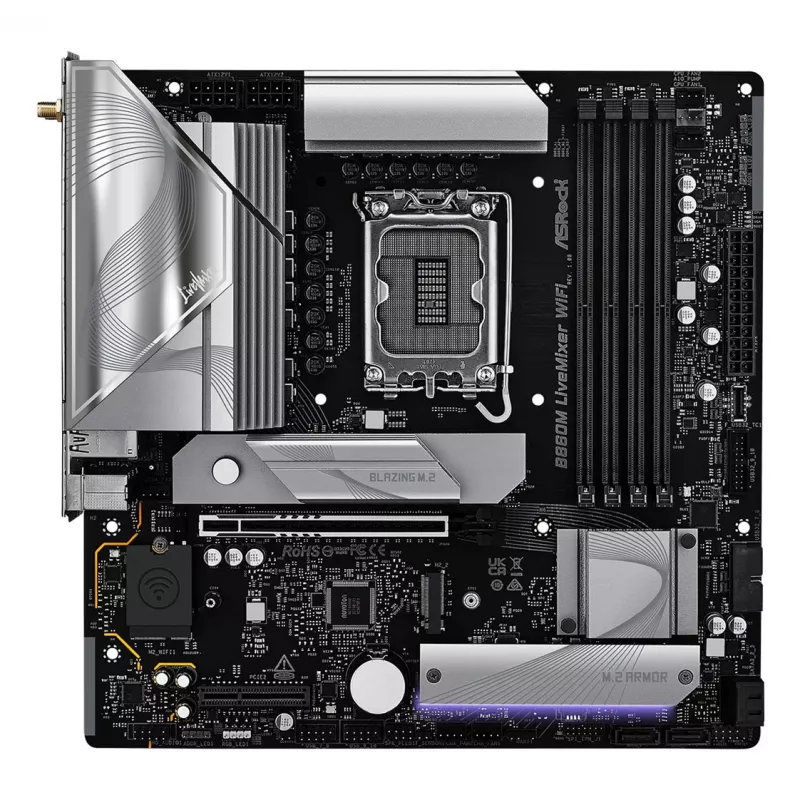 Pagrindinė plokštė ASRock B860M LiveMixer WiFi — Intel B860, LGA 1851, micro ATX, DDR5, 4x DIMM, Wi‑Fi 6E, 2.5Gb LAN