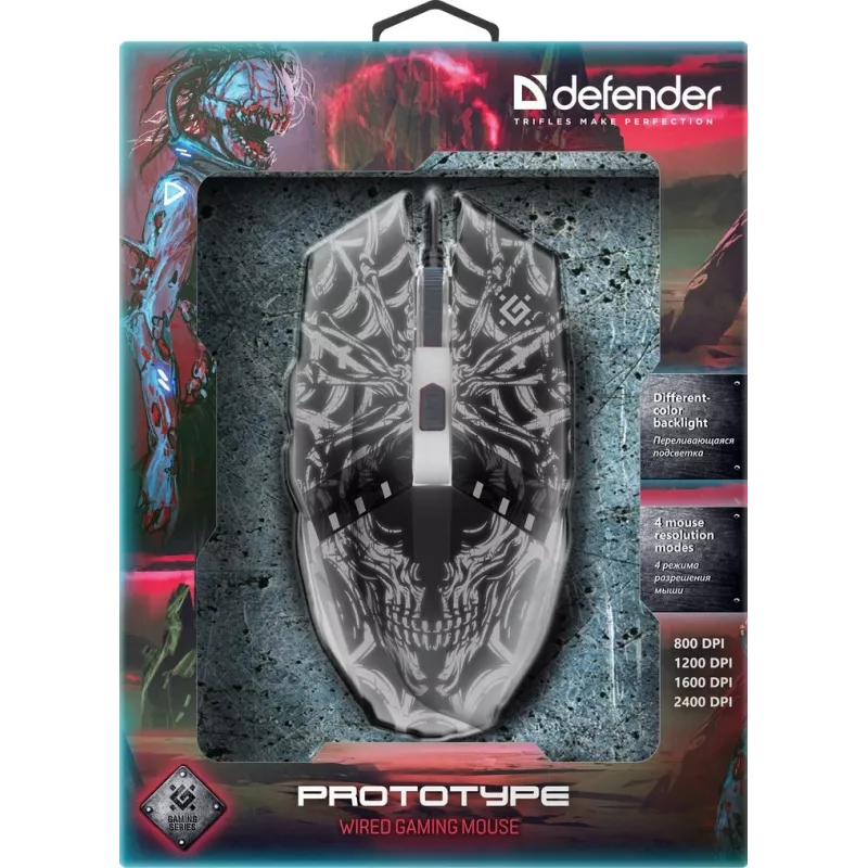 Gaming pelė DEFENDER GM-670L ambidekstrinė optinė, 2400 DPI, 5 mygtukai, laidinė, juoda, RGB