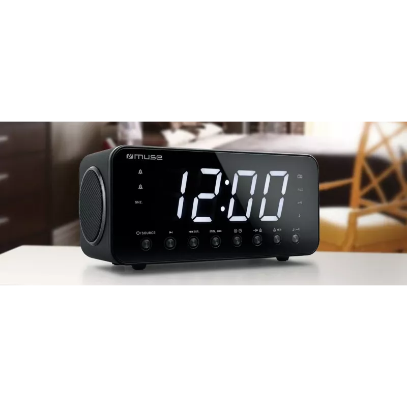 Laikrodinis radijas Muse M-192 CR – skaitmeninis laikrodis, FM imtuvas, 1,8 colio LED ekranas, juoda medžio spalva, AC 100–240V, AAA atsarginis maitinimas