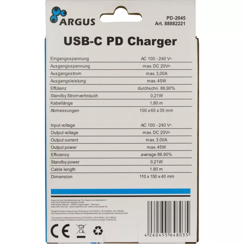Įkroviklis Inter-Tech PD-2045 Universalus Juodas AC Vidaus 20V USB-C