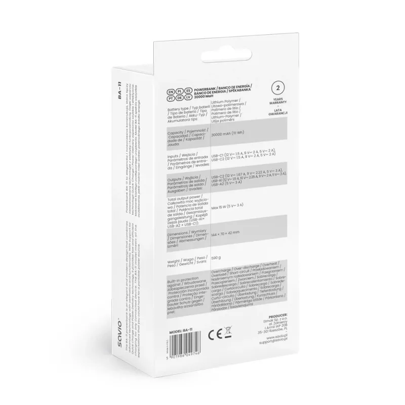 Power bank Savio BA-11 Ličio jonų 30000 mAh, 3,7 V, USB-C x2, baltas