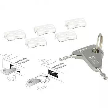 USB prievadų blokatorių rinkinys USB-A lizdui, kamštiniai užraktai Baltas/Sidabrinis, 5 vnt. USB prievadų blokatorių, 2 raktai