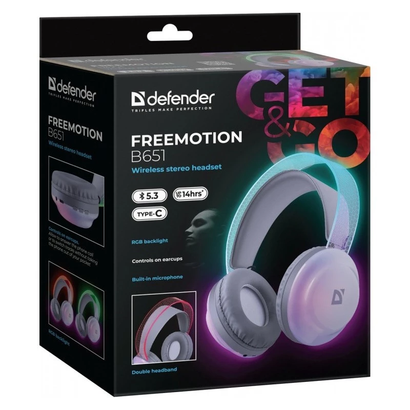 Belaidės ausinės DEFENDER Freemotion B651 – lankelio, uždaros akustikos, 20–20000 Hz, 105 dB, USB-C, AUX