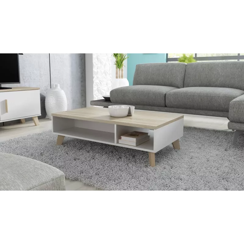 Staliukas kavos Cama Meble LOTTA 110 stačiakampis, 1100×600×350 mm, baltas rėmas su Sonoma ąžuolo viršumi