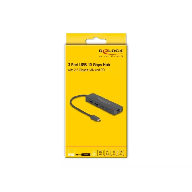 USB šakotuvas DeLOCK 10 Gbps su 2.5 Gigabit LAN ir PD 85 W