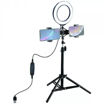 LED žiedinis apšvietimas 16 cm su trikoju stovu iki 70 cm ir dvigubu telefono laikikliu, USB