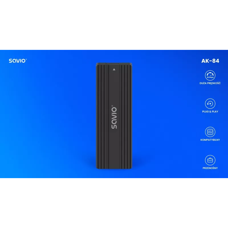 Išorinis SSD dėklas SAVIO AK-84 Juodas M.2 diskams, USB 10 Gbit/s (Type-A / Type-C), aliuminis + ABS