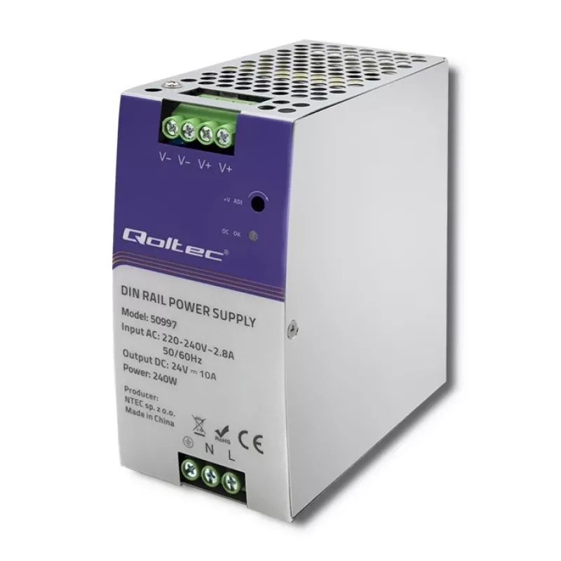 DIN bėgelio maitinimo šaltinis QOLTEC 50997 240W 24V 10A