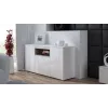 Sideboard Cama Meble VIVA 150 – baltas/baltas blizgus ir sonoma ąžuolas, 3 durys, 5 lentynos, 1500×450×800 mm