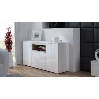 Sideboard Cama Meble VIVA 150 – baltas/baltas blizgus ir sonoma ąžuolas, 3 durys, 5 lentynos, 1500×450×800 mm