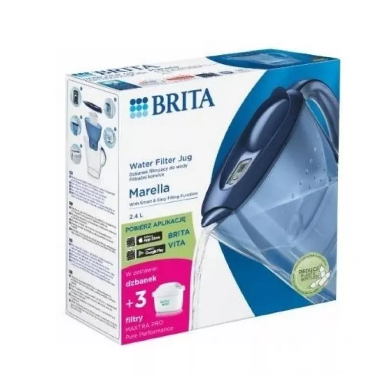 BRITA Marella vandens filtro ąsotis 2,4 L su 3 Pure Performance kasetėmis, Maxtra Pro, mėlynas