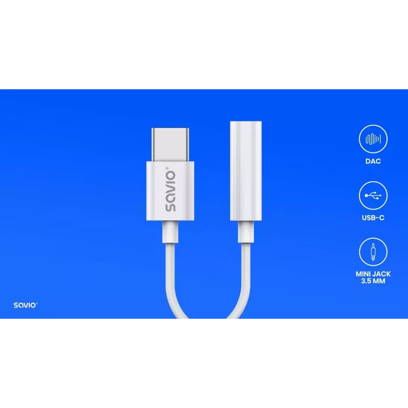 USB Type-C (M) – Jack 3,5 mm (M) garso adapteris baltas SAVIO AK-51