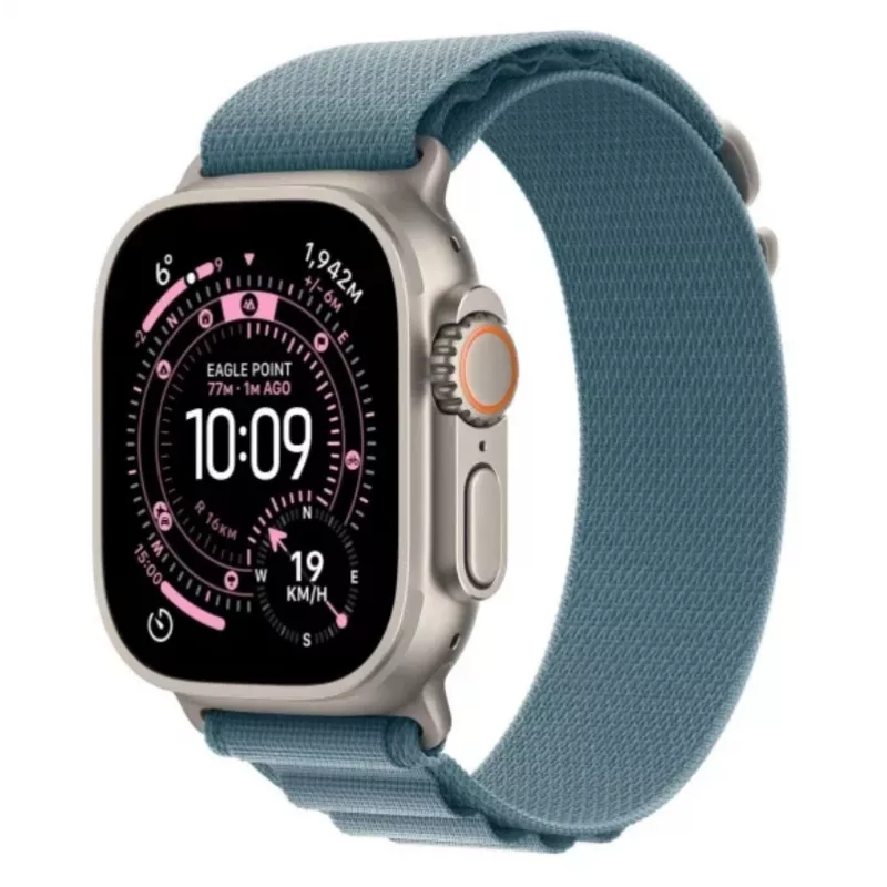 Apple Watch Ultra 3 GPS + Cellular 49mm natūralaus titano korpusas su šviesiai mėlynu Alpine Loop dirželiu – vidutinis dydis