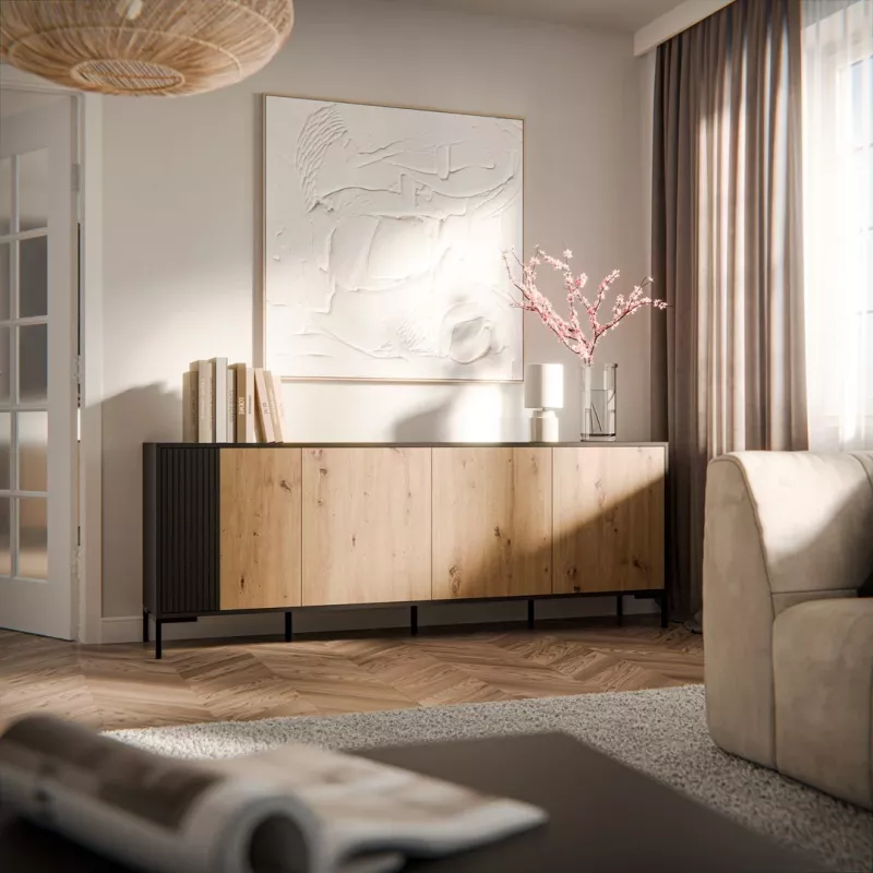 Komoda CAMA MEBLE MERCI 200 x 40 x 74 cm – juoda/artizaninis ąžuolas