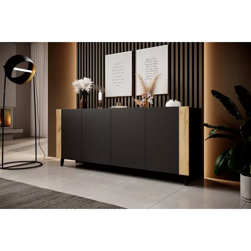 Komoda cama meble FARO KOM200 CZ — 2000×420×820 mm, matinė juoda, ąžuoliniai fasadai