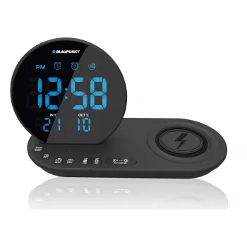 Blaupunkt CR85BK FM PLL radijo laikrodis su belaidžiu įkrovimu, USB, vidaus/lauko temperatūra, juodas