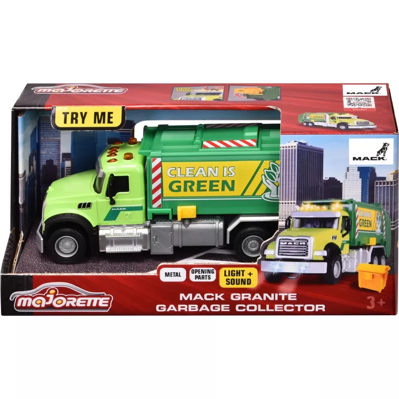 Žaislinis automobilis Majorette Mack Granite šiukšliavežis modelis 213743007, liejamo metalo mastelio žaislas