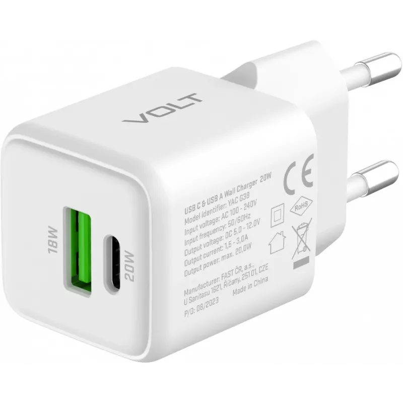 USB C/A sieninis įkroviklis YENKEE YAC G38 20W 3A Power Delivery (USB‑C ir USB‑A)