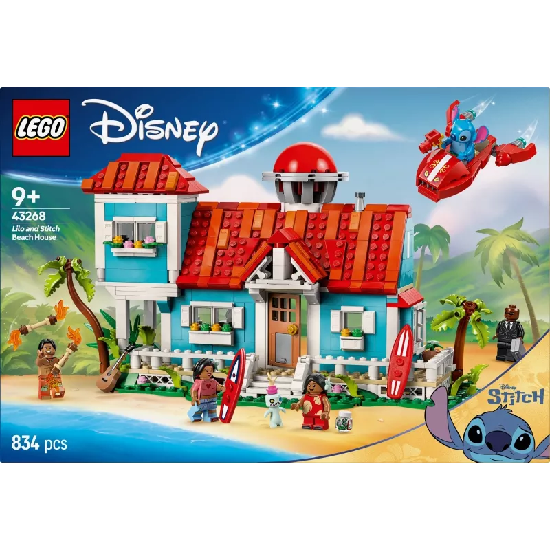 LEGO rinkinys Disney 43268 Paplūdimio namas – modulinis namo statinys, 834 detalės, 5 minifigūrėlės, nuo 9 metų