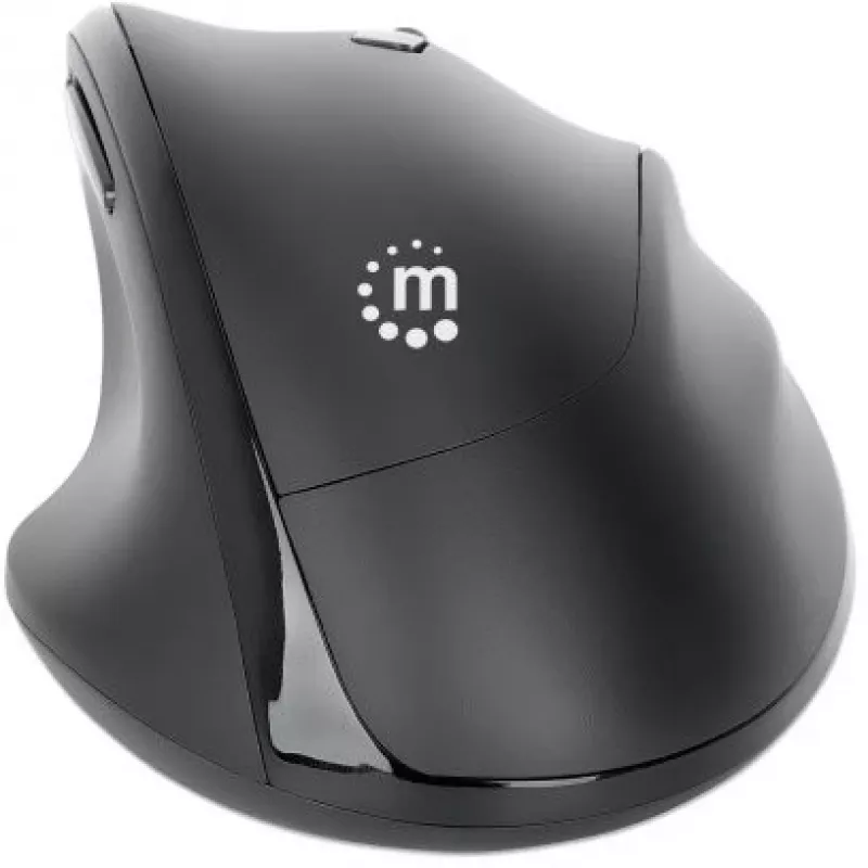 Manhattan ergonominė belaidė pelė dešinei rankai, reguliuojama 800/1200/1600 DPI, 2,4 GHz (iki 10 m), šeši mygtukai su slinkimo ratuku, kombinuotas USB-A ir USB-C imtuvas, juoda, AA baterija (įtraukta), trejų metų garantija