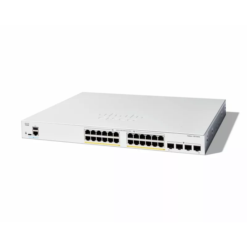 Cisco Catalyst 1300-24FP-4G valdomas jungiklis, 24 prievadai GE, pilnas PoE, 4x1GE SFP, ribota apsauga visam gyvenimui (C1300-24FP-4G)