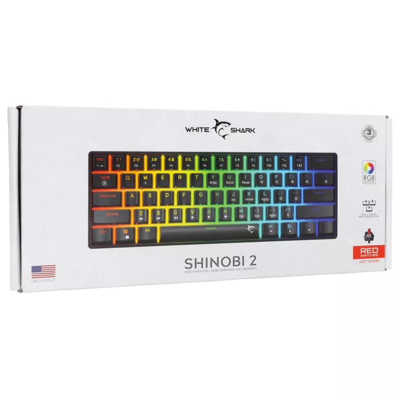 Mechaninė žaidimų klaviatūra White Shark Shinobi-2 su Red jungikliais, juoda, US išdėstymas