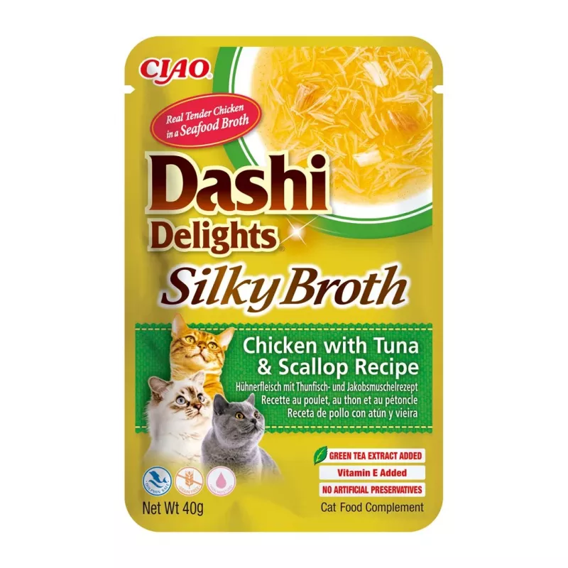 Šlapias skanėstas katėms INABA Dashi Delights – vištiena su tunu ir jūros šukute, 40 g pakelis