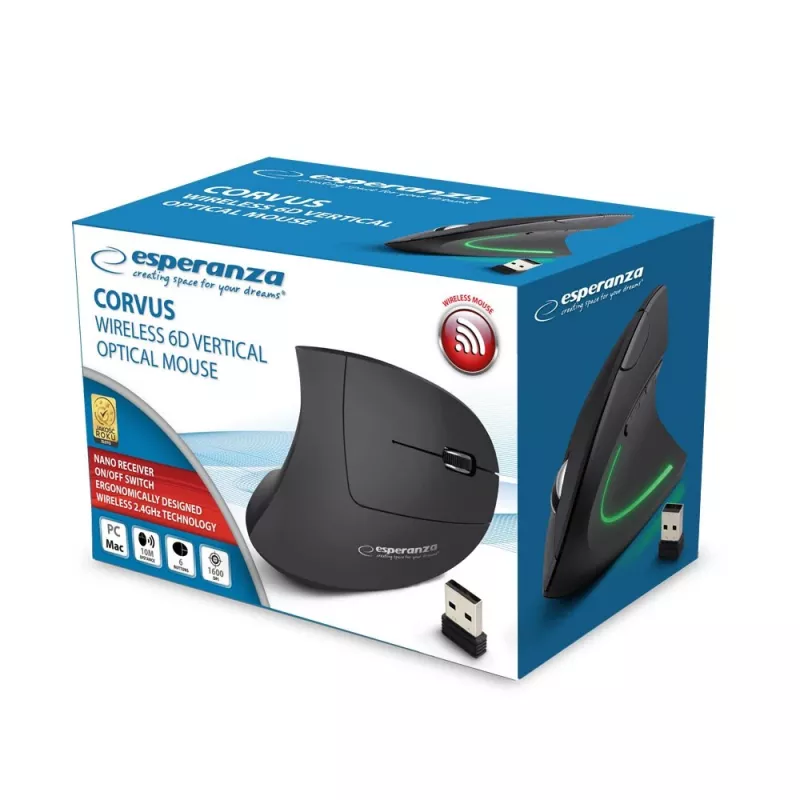 Belaidė pelė ESPERANZA EM133 – ergonomiška dešinei rankai, 1600 DPI, 6 mygtukai, 2.4 GHz USB nano imtuvas, 10 m atstumas, juoda