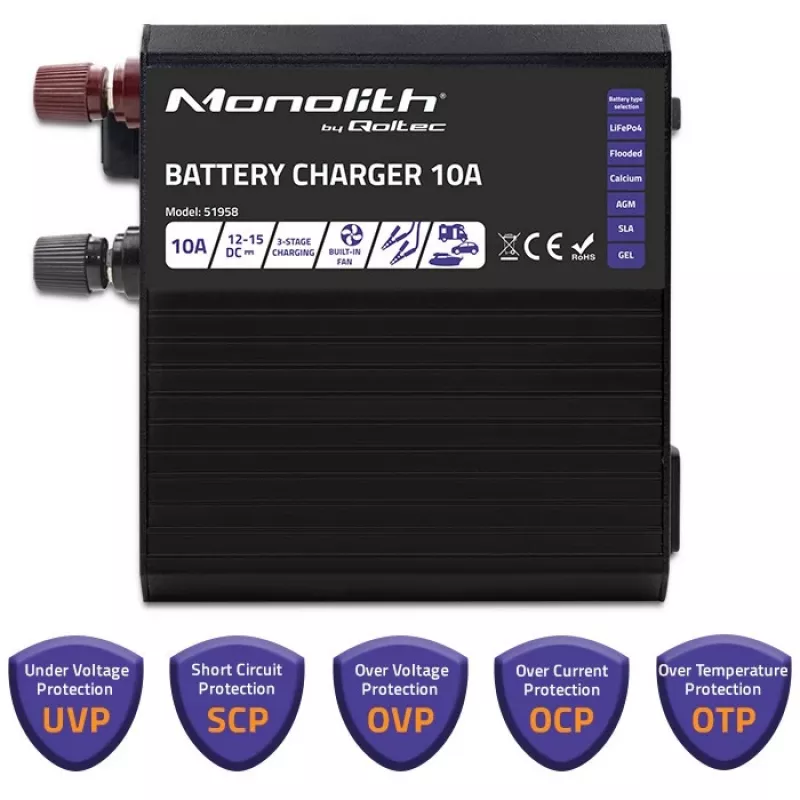 Qoltec Smart Monolith baterijų įkroviklis, skirtas LiFePO4 AGM GEL SLA baterijoms | 10A | 12V
