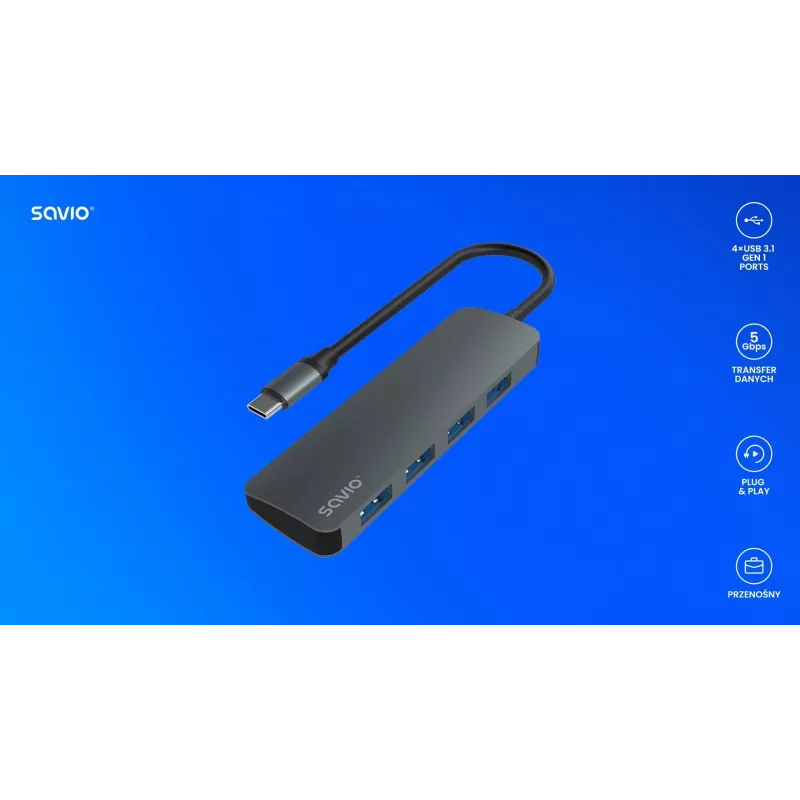 USB šakotuvas SAVIO AK-54 — 4× USB-A (USB 3.2 Gen 1), USB-C jungtis, juodas