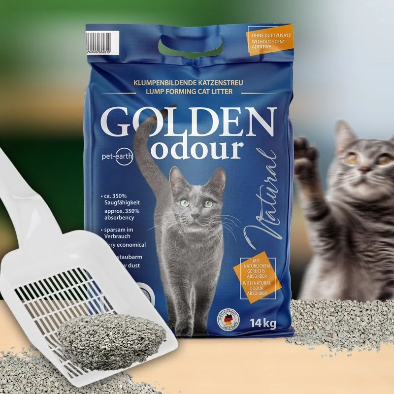 Kačių kraikas Golden Grey 7 kg – bekvapis molinis kraikas, besidulkinantis, šalinantis kvapus