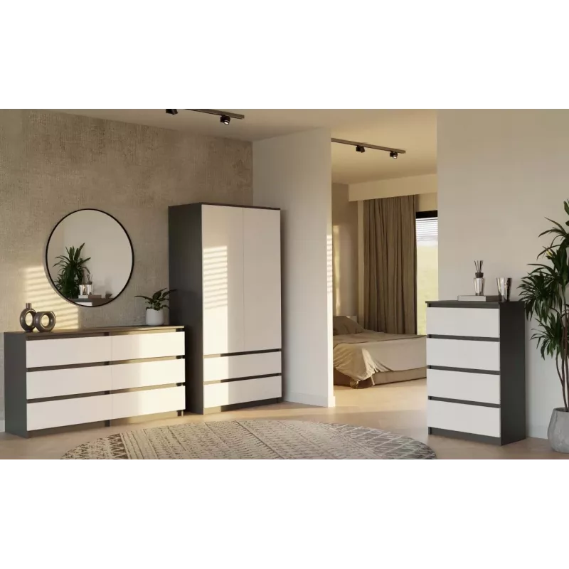 Spinta MALWA SS-90 90×180×50 cm, antracitinis rėmas, balti varstomi durys, 2 stalčiai, laminatas 16 mm