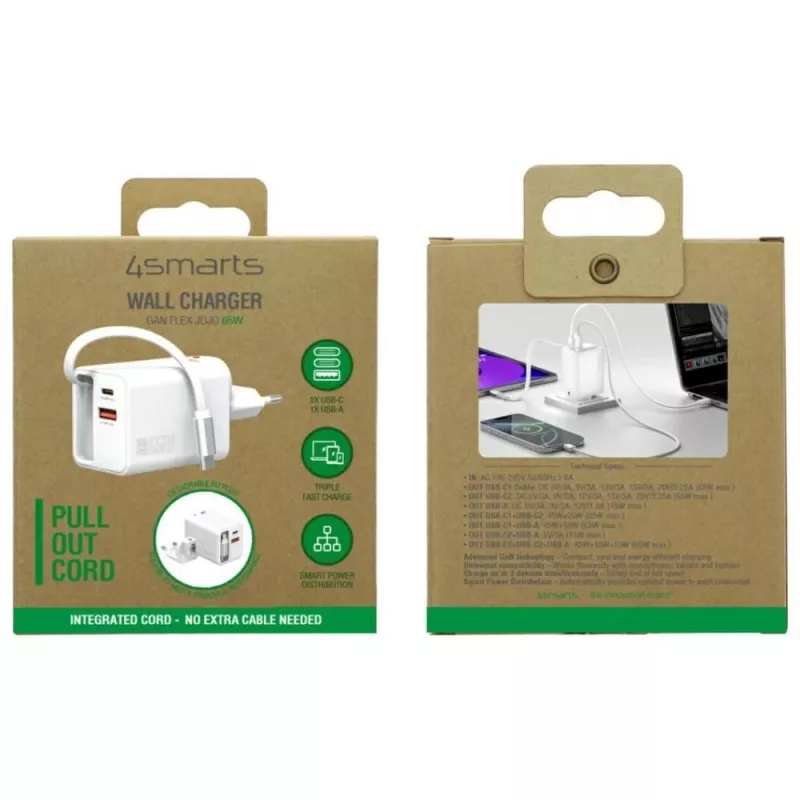 Greitasis USB-C/USB-A sieninis įkroviklis 4smarts 541065 – universalus AC 100–240V, maks. 20V, 0,7 m laidas, baltas