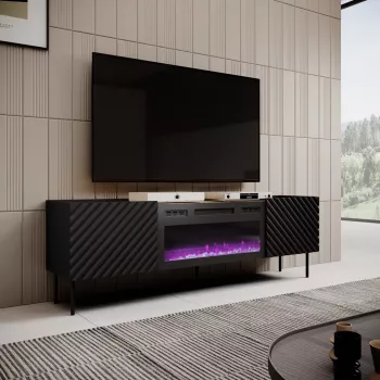 TV spintelė Cama Meble ONDA su elektriniu židiniu 1805×400×580 mm, juoda, medžio drožlių plokštės viršus (stovinti arba montuojama ant sienos)