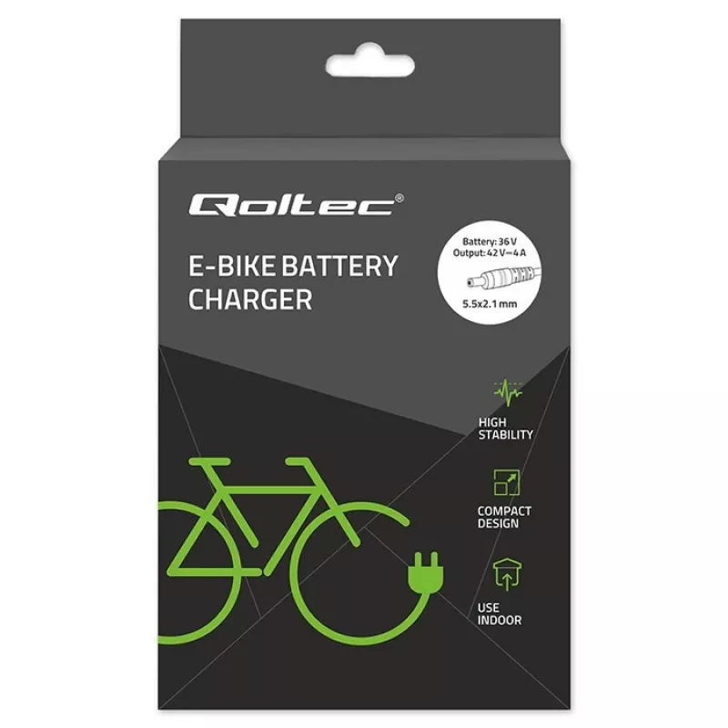 Įkroviklis QOLTEC 36V–42V 4A elektriniam dviračiui, nuolatinės srovės kištukas 5,5×2,1 mm