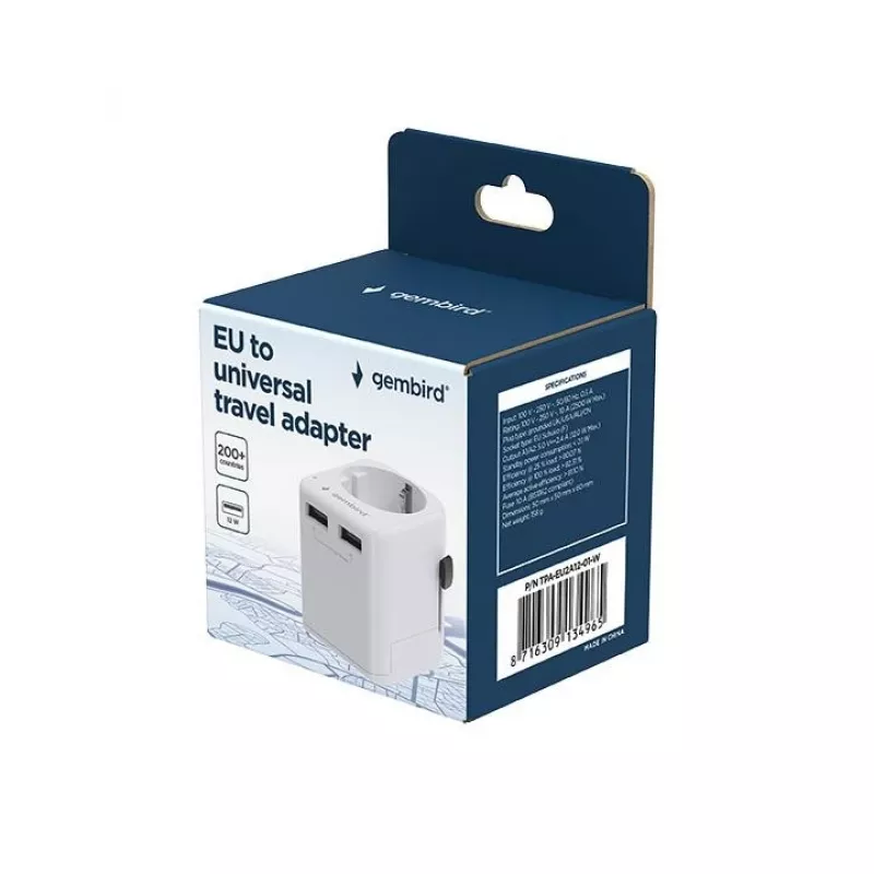 Universalus kelioninis adapteris GEMBIRD TPA-EU2A12-01-W 12W USB maitinimo adapteris tarptautiniams lizdams