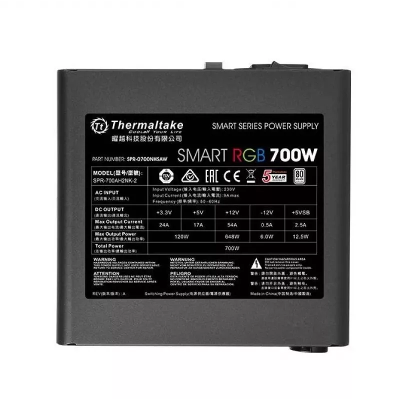 Thermaltake Smart 700W RGB maitinimo blokas, 80PLUS, 230V EU, 2xPEG, 120mm, Single Rail