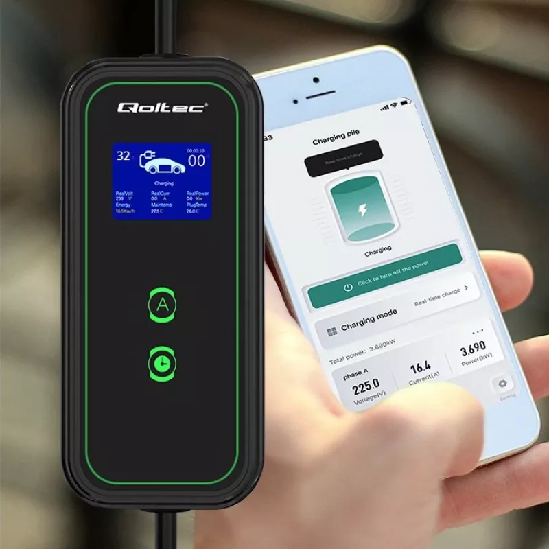 Qoltec Mobile EV automobilio įkroviklis reguliuojamas 2in1 Type2 | 7kW | 230V | CEE 3 kištukas | Wi-fi | LCD | Nešiojamas | Sieninis | 5m