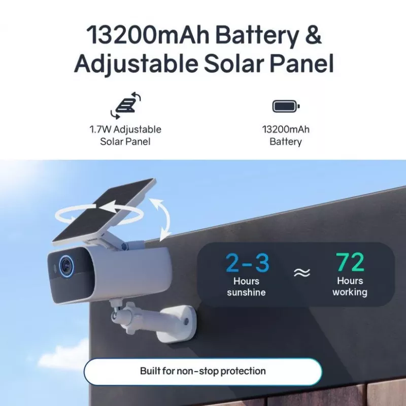 Safemo SC1 SolarCam belaidė lauko kamera, 4K UHD, 8× priartinimas, 132° vaizdas, naktinis matymas, „Wi-Fi“ 2,4 GHz, 1,5 W saulės baterija, balta