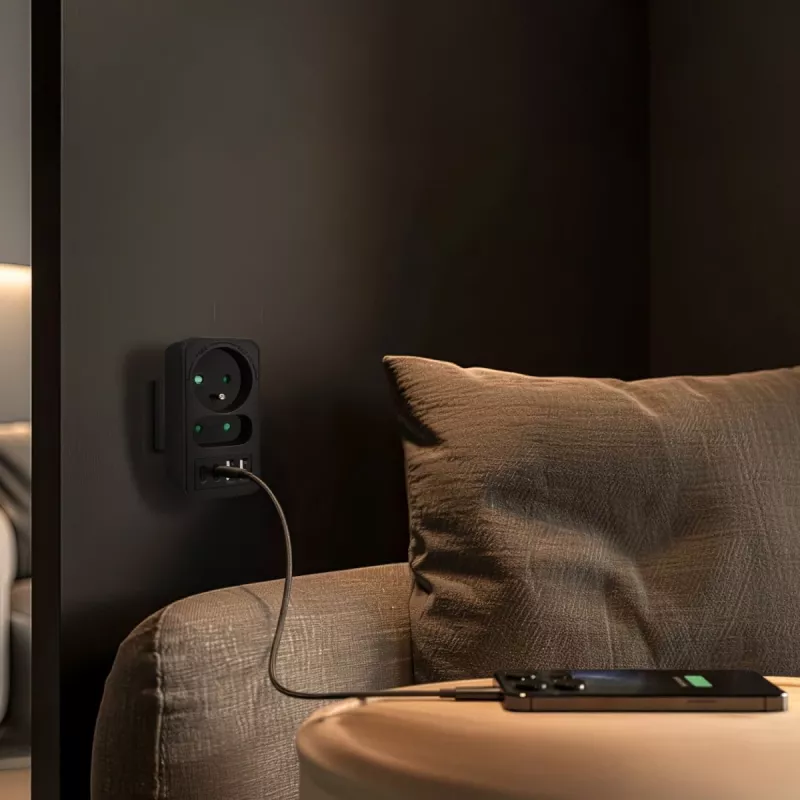 Maitinimo daliklis MACLEAN MCE249 F/B – 2 AC lizdai (16A + 6A) su 2×USB-A ir 2×USB-C PD 20W, EU kištukas, juodas